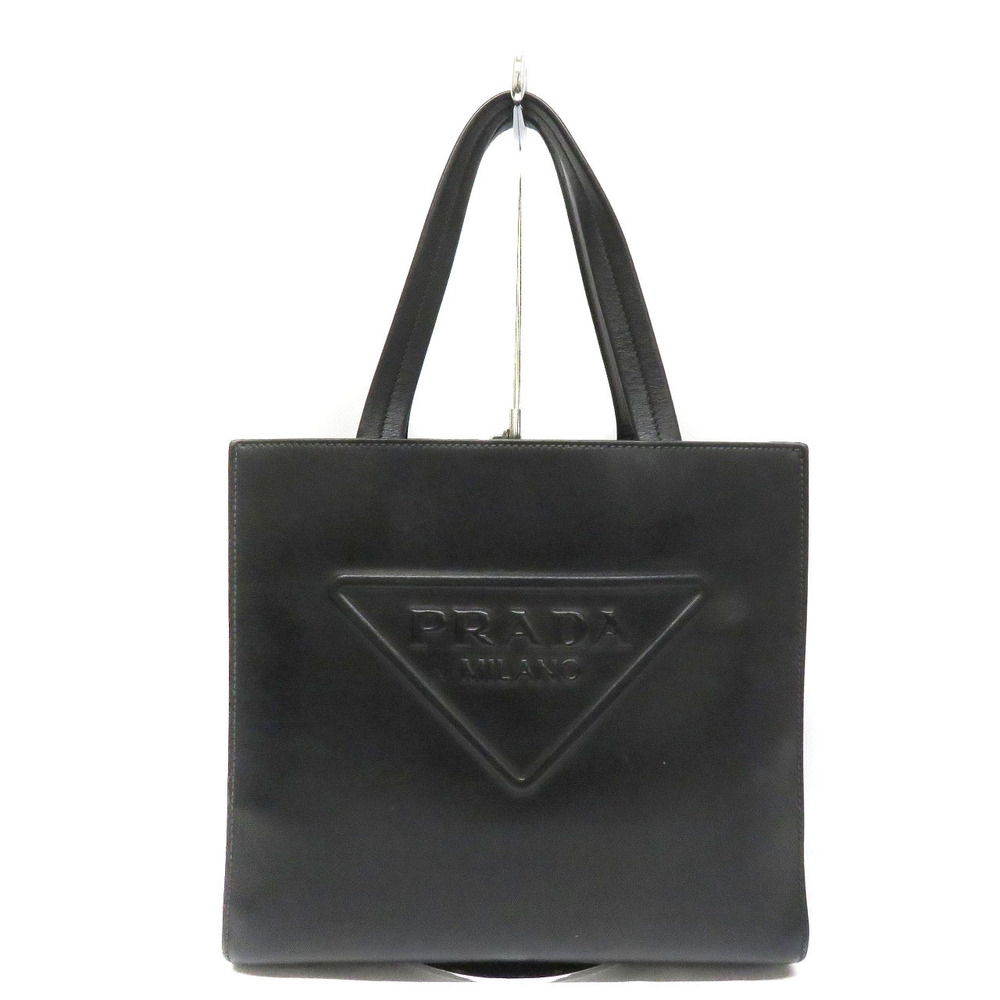 Prada embossed logo calf leather tote bag black